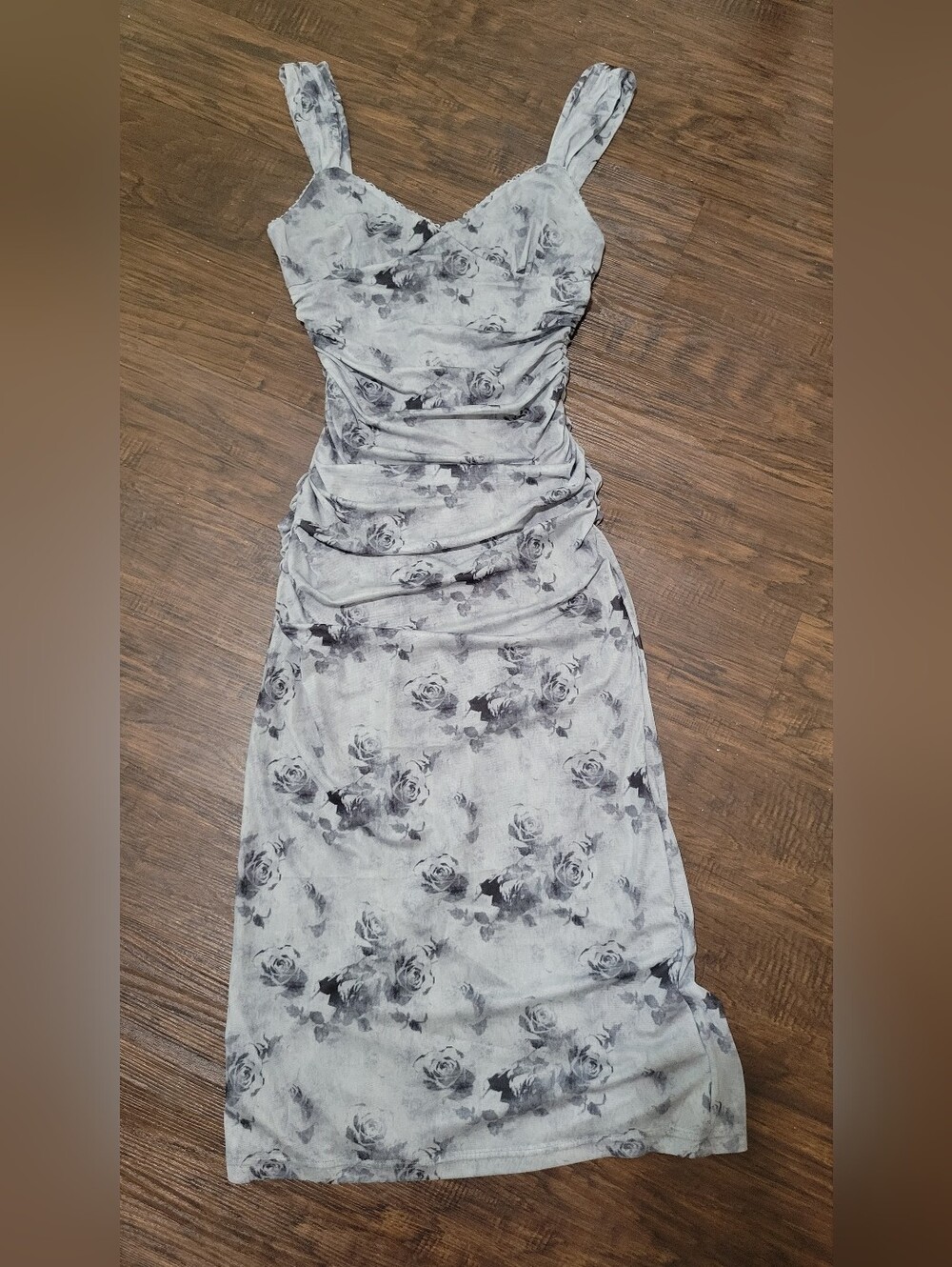 Blue-Gray Floral Ruched Midi Dress - Women's